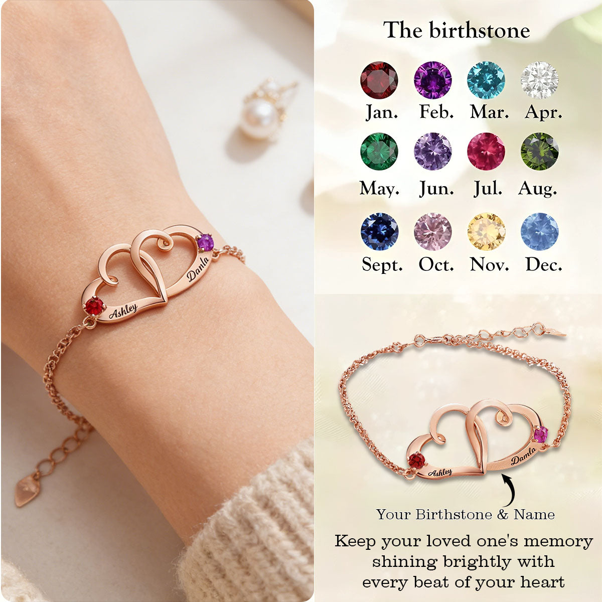 Double Birthstone Heart - Personalised Birthstone Beautiful Bracelet