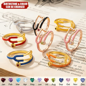 Personalized Multicolor Enamel Stethoscope Heart Birthstone Ring Nurses Week Appreciation Gift for Nurse Doctor Medical Staff