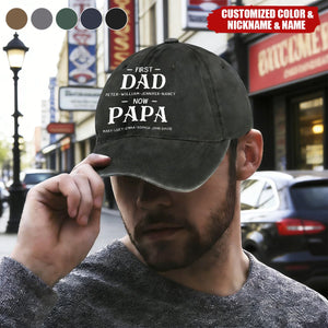 First Dad Now Grandpa With Kids' Names - Personalized Distressed Denim Cap