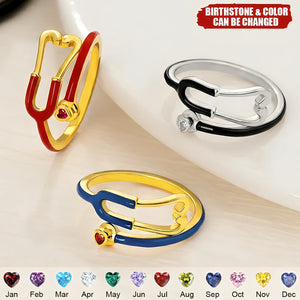 Personalized Multicolor Enamel Stethoscope Heart Birthstone Ring Nurses Week Appreciation Gift for Nurse Doctor Medical Staff