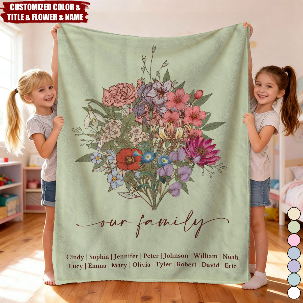 Family Boho Birth Flower Bouquet Flowers Personalized Blanket - Gift For Mom, Grandma, Family