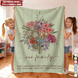 Family Boho Birth Flower Bouquet Flowers Personalized Blanket - Gift For Mom, Grandma, Family