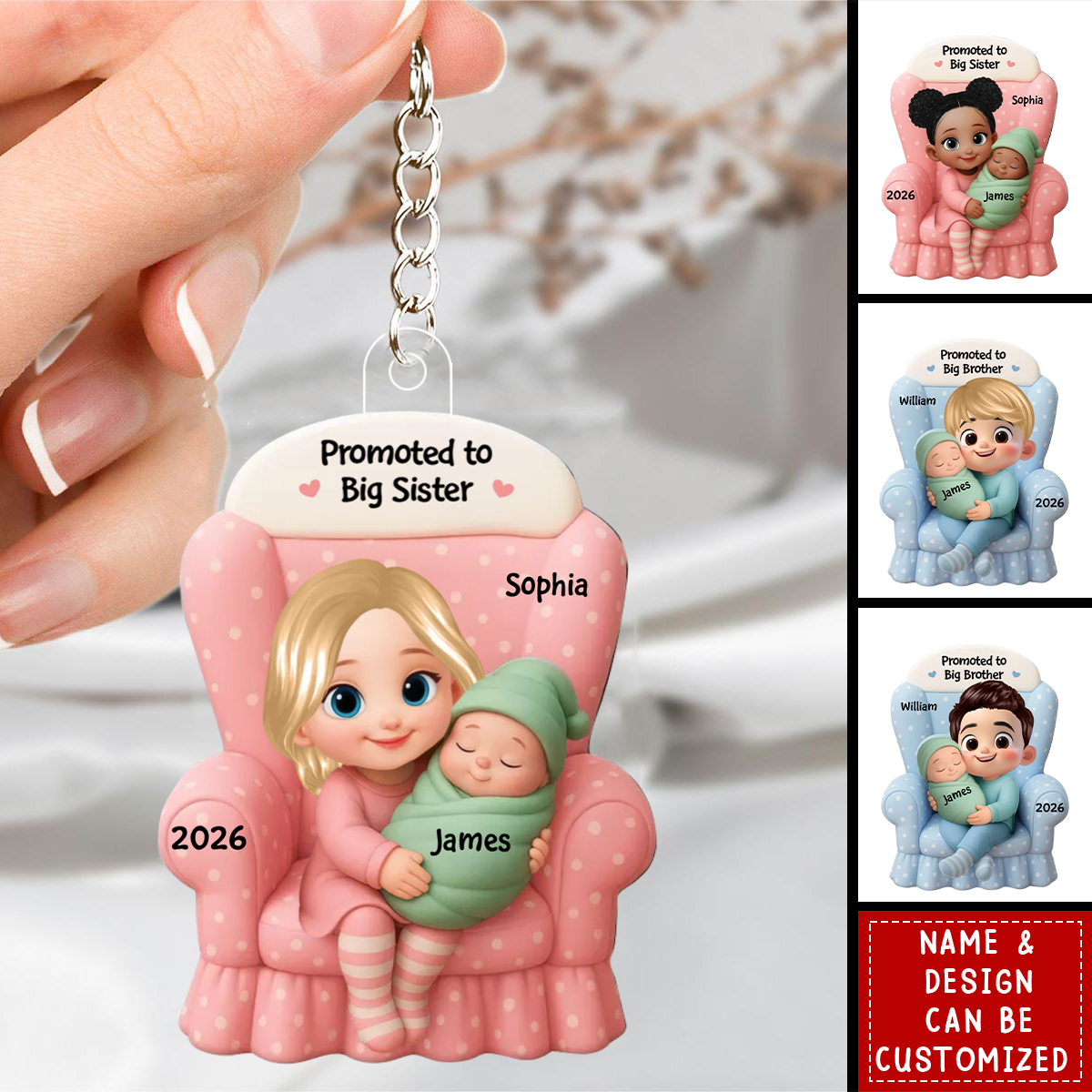 Big Brother, Big Sister And Baby - Personalized Acrylic Keychain, Baby Announcement Gift