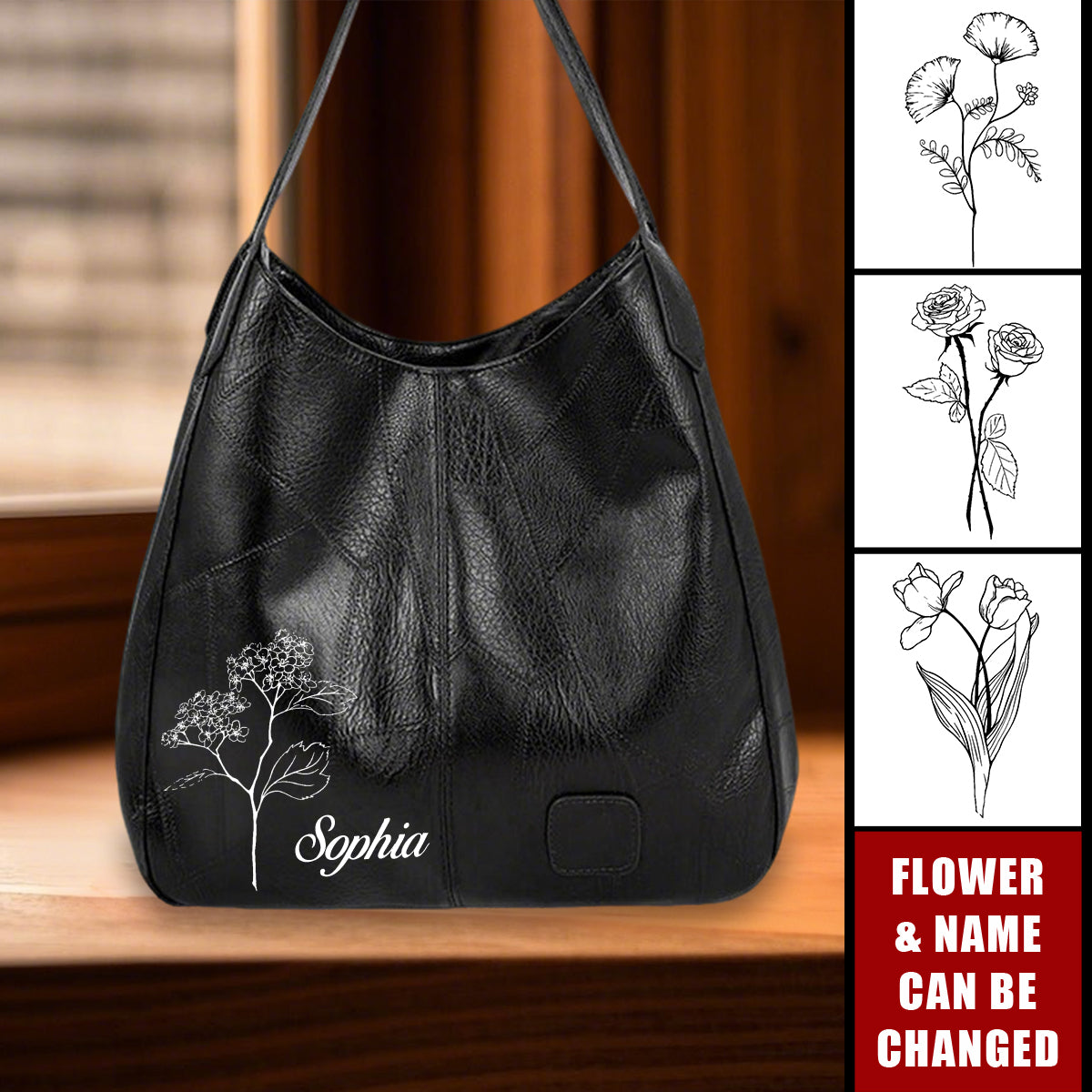 Personalized Name Birthday Flower Leather Hobo bag Tote Shoulder Handbags