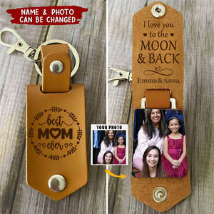 Custom Photo We Love You To The Moon And Back - Personalized Leather Photo Keychain