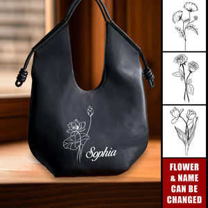 Personalized Name Birthday Flower Hobo Bag Leather Travel Tote Shoulder Handbag