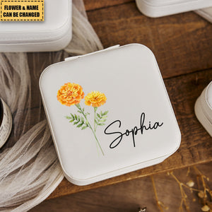 Custom Name Birth Flower Travel Jewelry Case, Personalized Jewelry Box