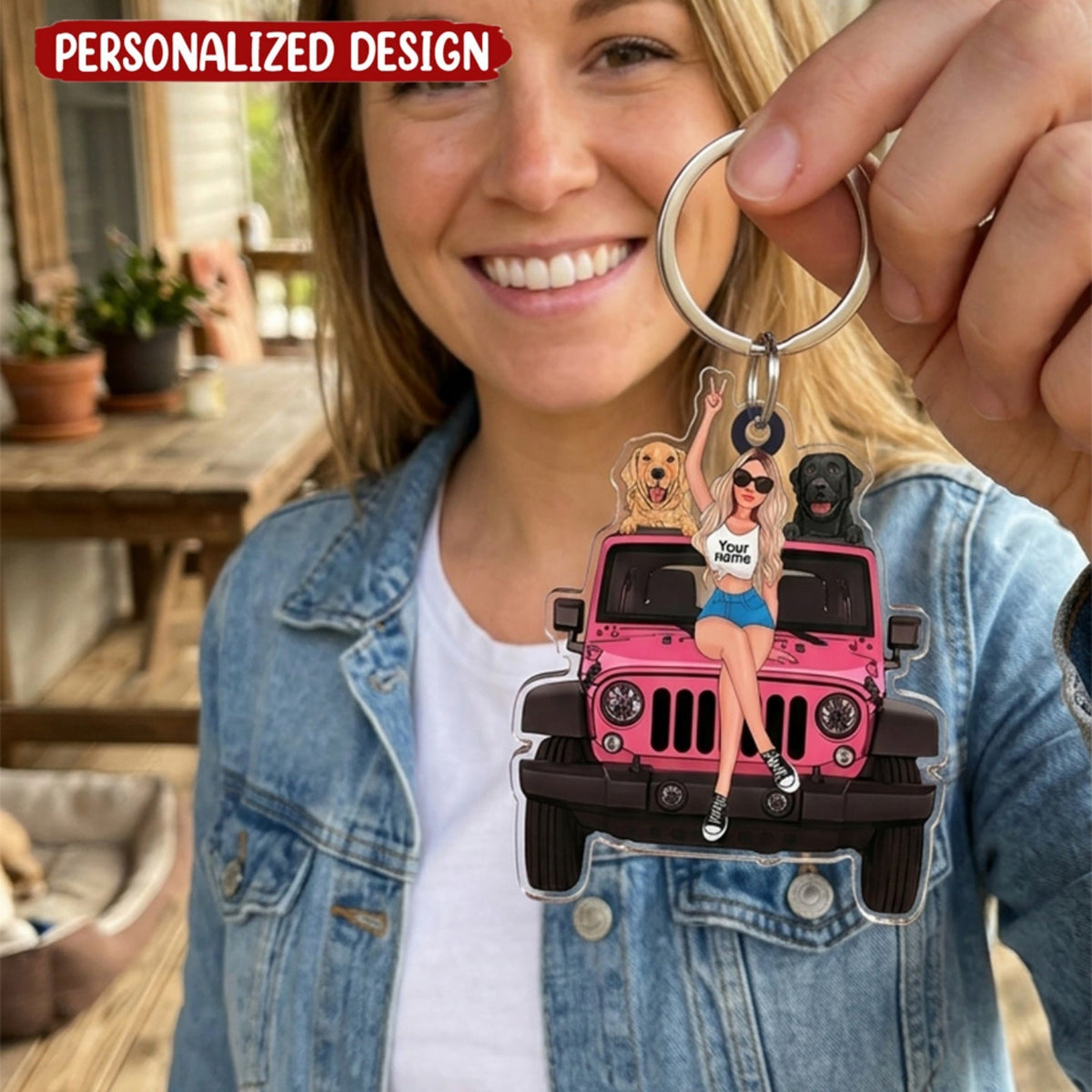 Personalized A Girl With Off-Road Car And Dog Keychain Gift For Journey Girls