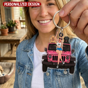 Personalized A Girl With Off-Road Car And Dog Keychain Gift For Journey Girls