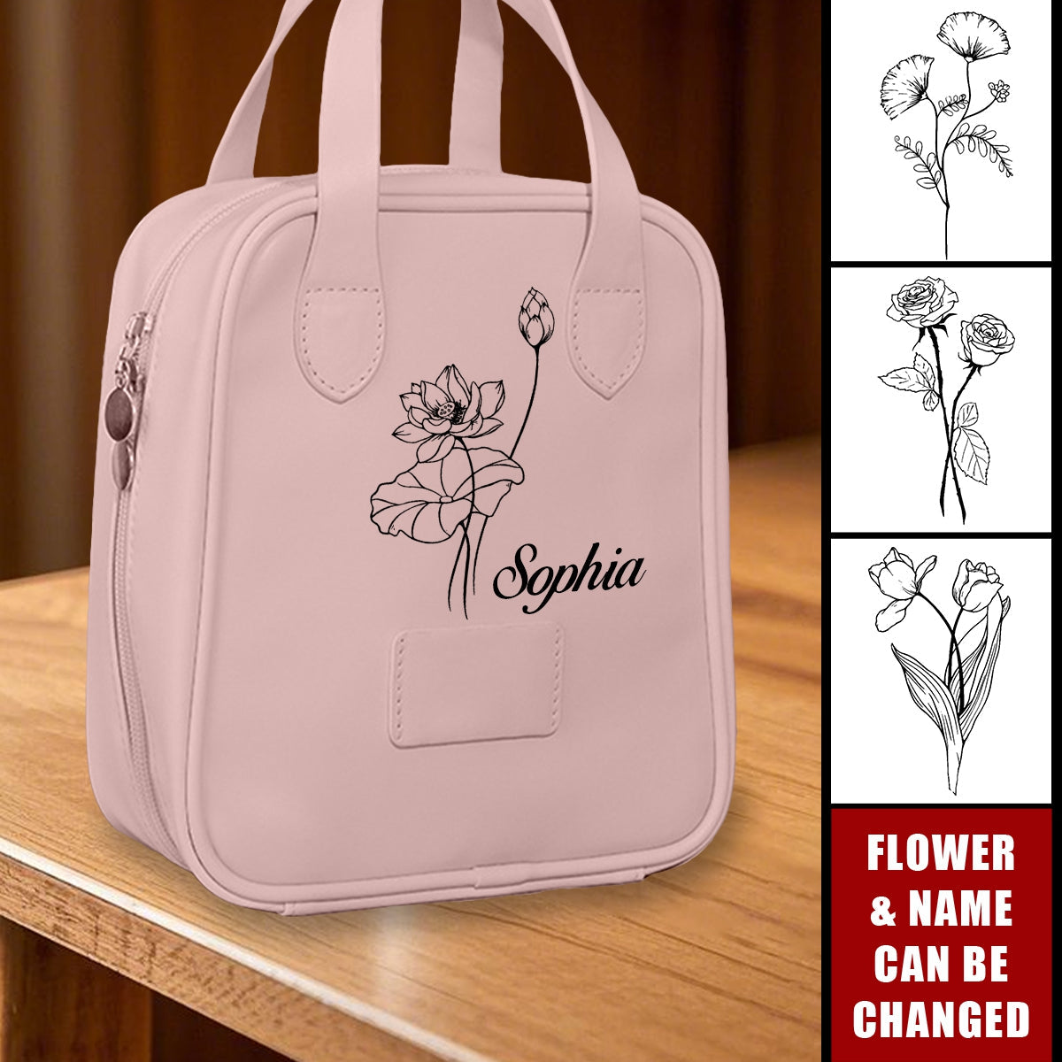 Personalized Leather Birthday Flower Travel Tote Organizer Makeup Bag