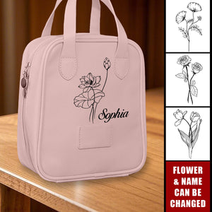 Personalized Leather Birthday Flower Travel Tote Organizer Makeup Bag