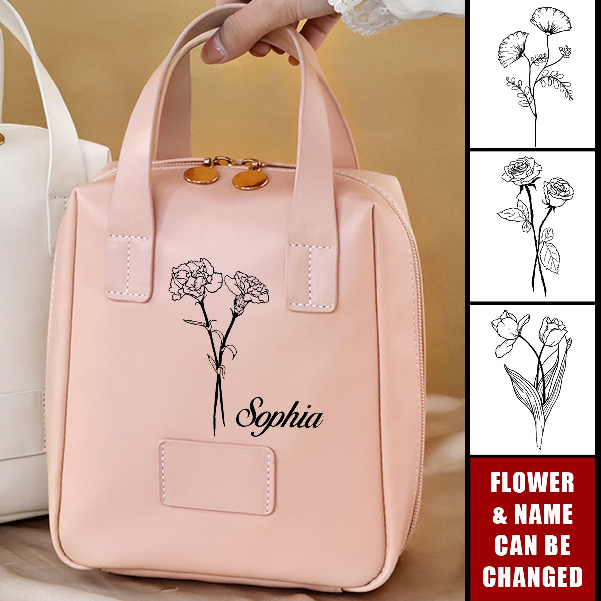 Personalized Leather Birthday Flower Travel Tote Organizer Makeup Bag