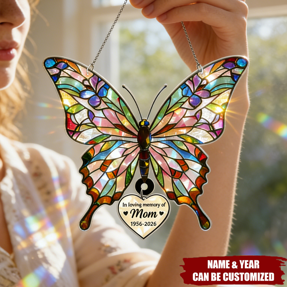 Personalized Butterfly Suncatcher with Hanging Heart, Memorial Gift for Mom