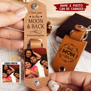 Custom Photo We Love You To The Moon And Back - Personalized Leather Photo Keychain