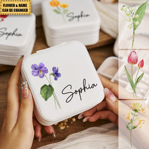 Custom Name Birth Flower Travel Jewelry Case, Personalized Jewelry Box