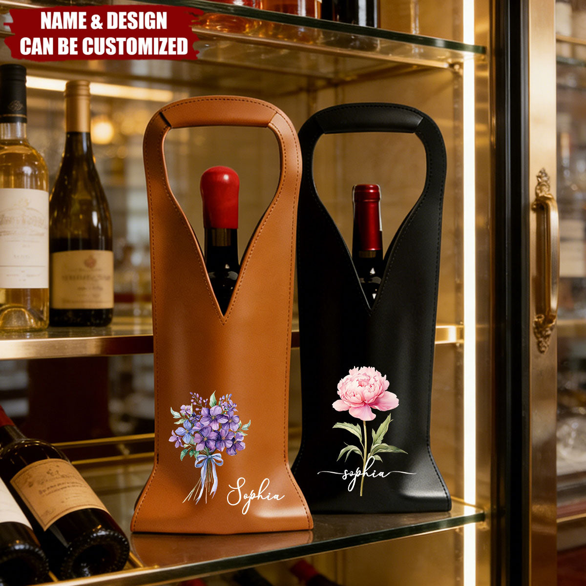 Custom Birth Flower & Name - For Her, Friends, Sisters, Wine Lovers - Personalized Leather Wine Bag