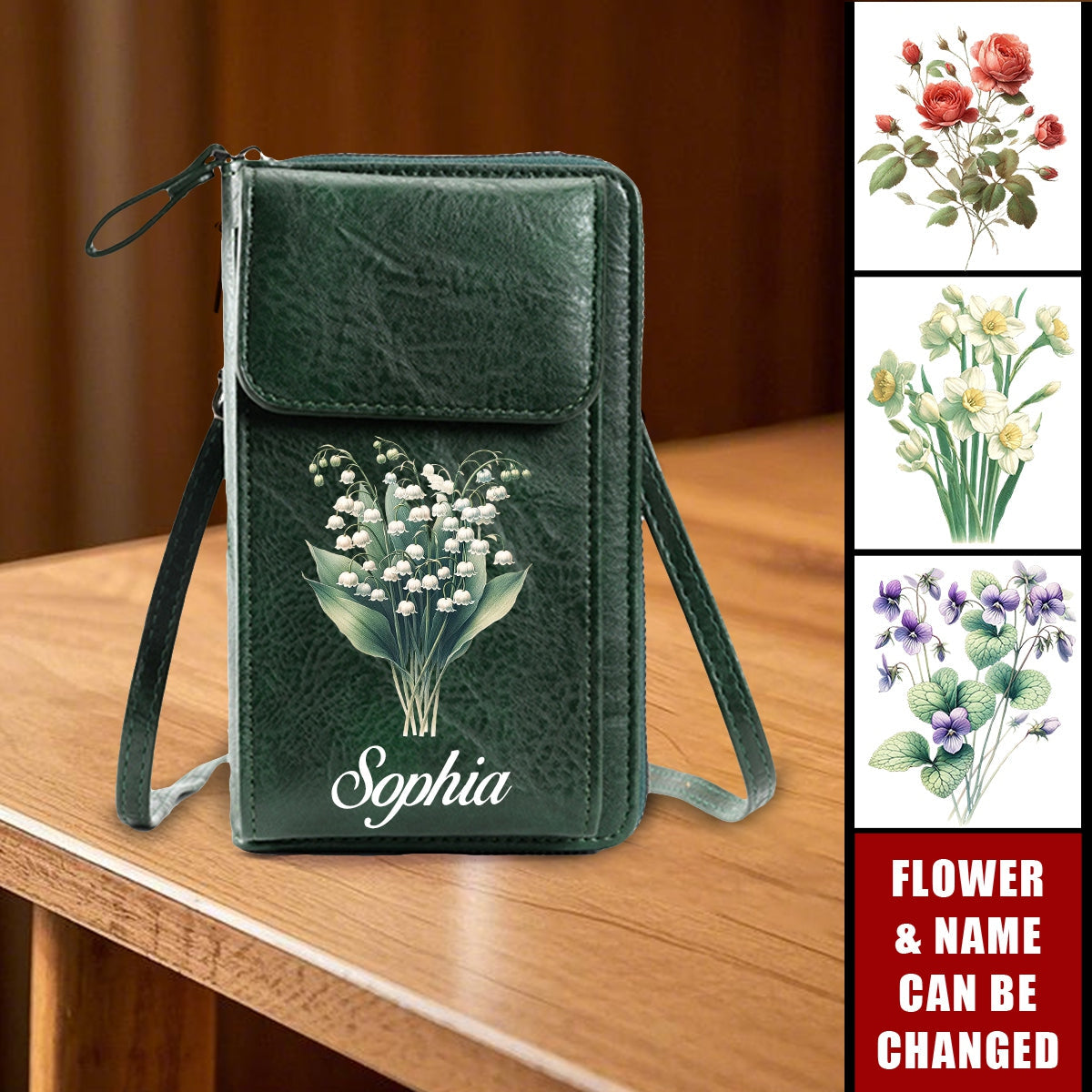 Birth Flower Cell Phone Purse Wallet Personalized Leather Crossbody Bag, Gifts For Women