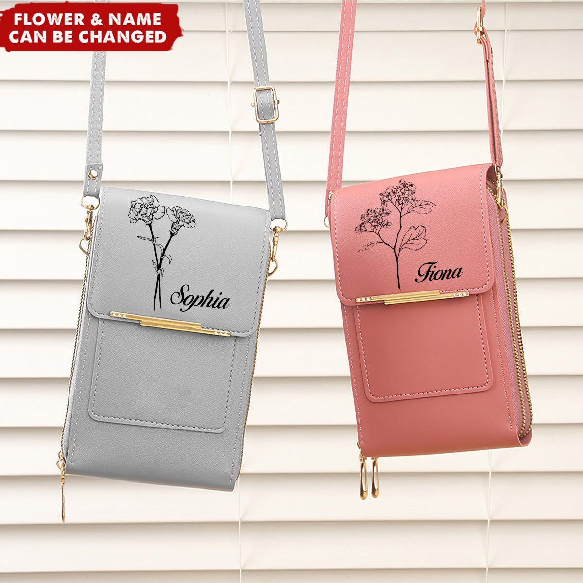 Custom Name Birth Flower Leather Personalized Phone Crossbody Bags For Women