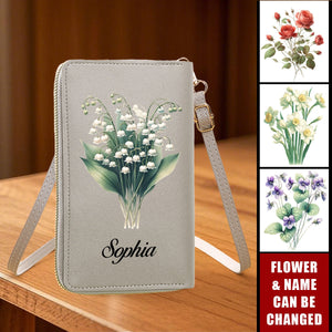 Custom Name And Birth Flower Personalized Zipper Touchscreen Phone CrossBody Bags