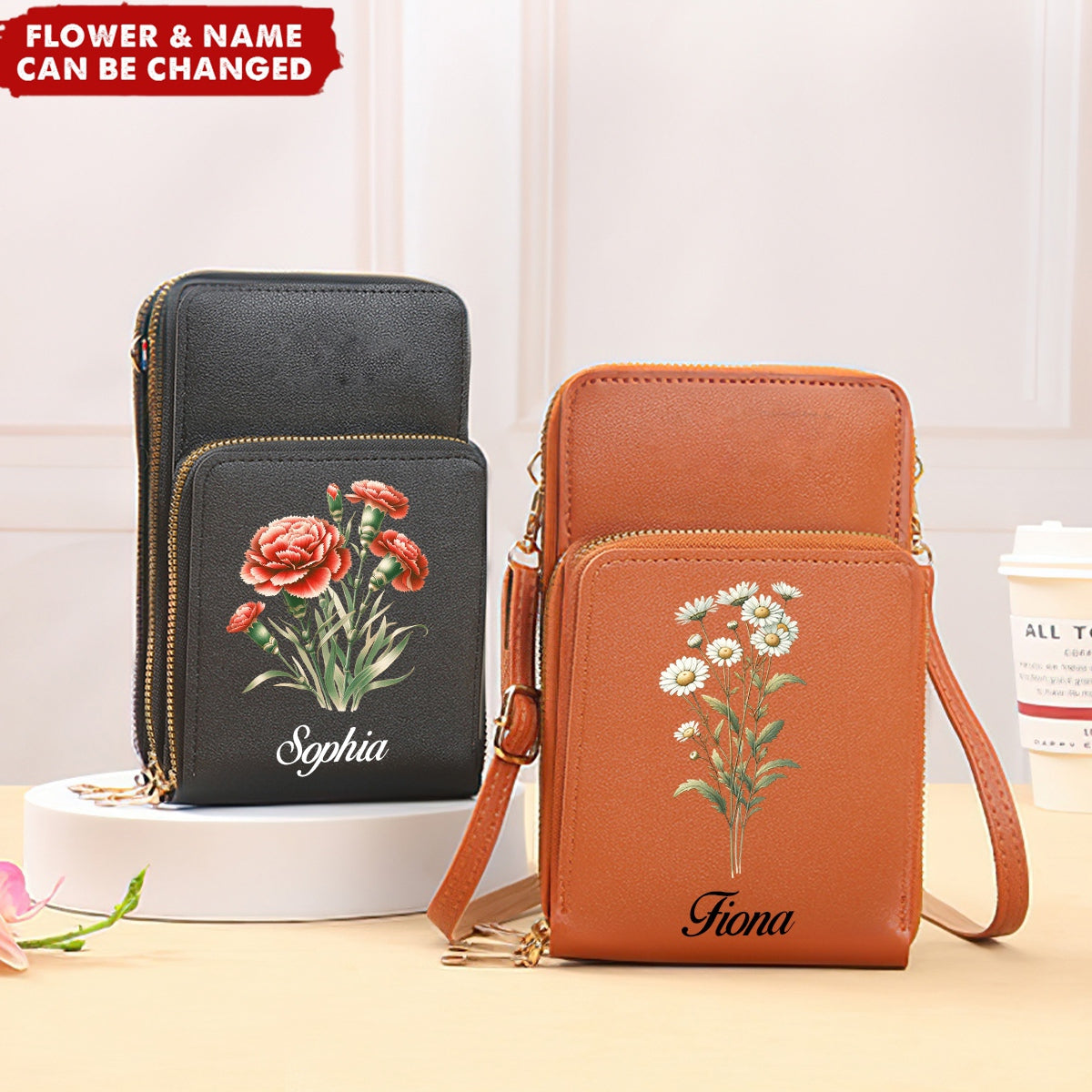 Birth Flower Touchscreen Leather Personalized Phone Crossbody Bags for Women