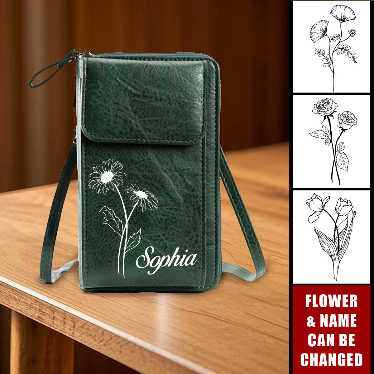 Birth Flower Personalized Leather Phone Crossbody Bag, Gifts For Women/Wife/Mom