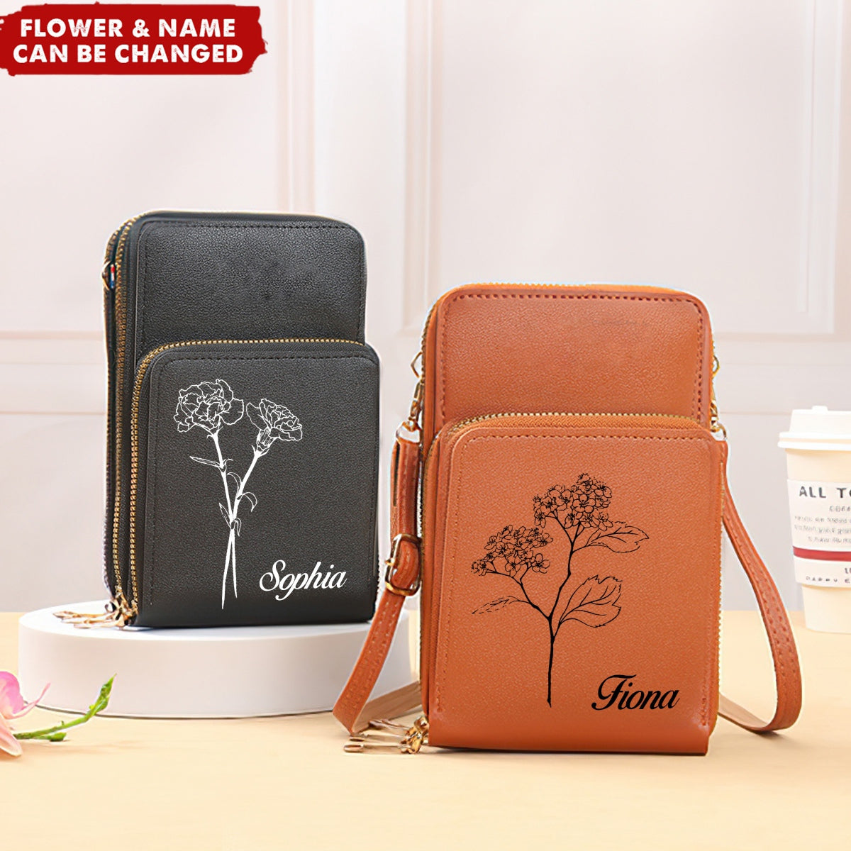 Birth Flower Touchscreen Leather Personalized Phone Crossbody Bags - Gift For Bridesmaid /Mom/Wife