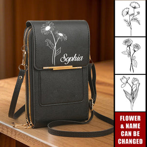 Custom Name Birth Flower Leather Personalized Phone Crossbody Bags For Women