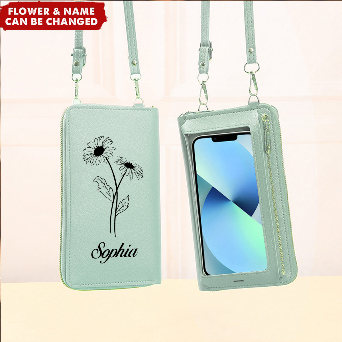 Custom Name And Birth Flower Leather Personalized Touchscreen Phone CrossBody Bags