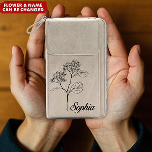 Birth Flower Personalized Leather Phone Crossbody Bag, Gifts For Women/Wife/Mom