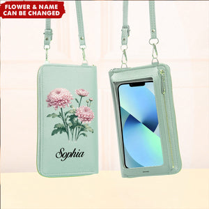 Custom Name And Birth Flower Personalized Zipper Touchscreen Phone CrossBody Bags