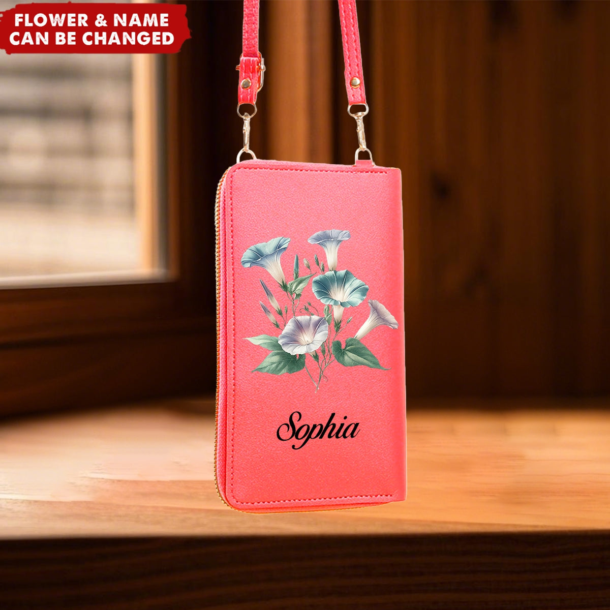 Custom Name And Birth Flower Personalized Zipper Touchscreen Phone CrossBody Bags
