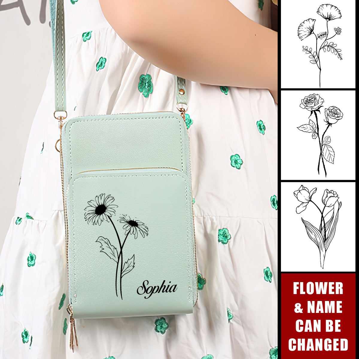 Birth Flower Touchscreen Leather Personalized Phone Crossbody Bags - Gift For Bridesmaid /Mom/Wife