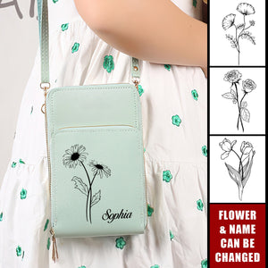 Birth Flower Touchscreen Leather Personalized Phone Crossbody Bags - Gift For Bridesmaid /Mom/Wife