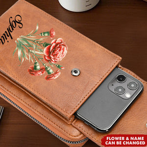 Birth Flower Cell Phone Purse Wallet Personalized Leather Crossbody Bag, Gifts For Women