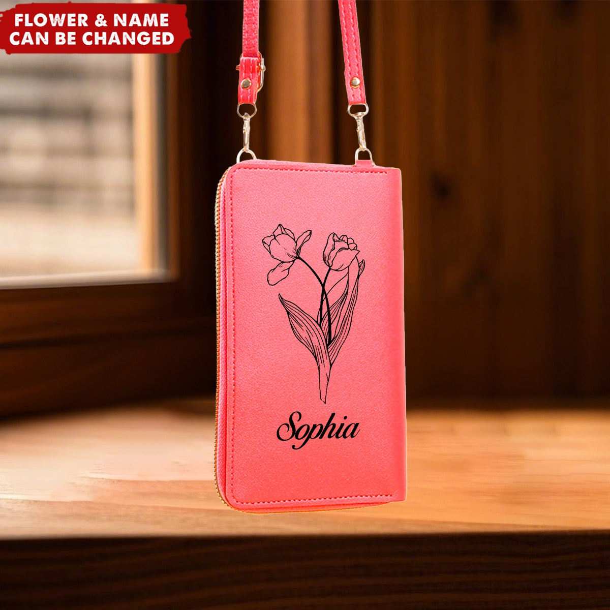 Custom Name And Birth Flower Leather Personalized Touchscreen Phone CrossBody Bags