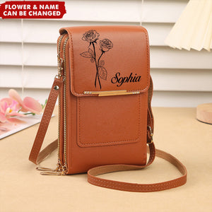 Custom Name Birth Flower Leather Personalized Phone Crossbody Bags For Women