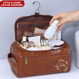 Personalized Name Leather Travel Hanging Organizer Makeup Bag