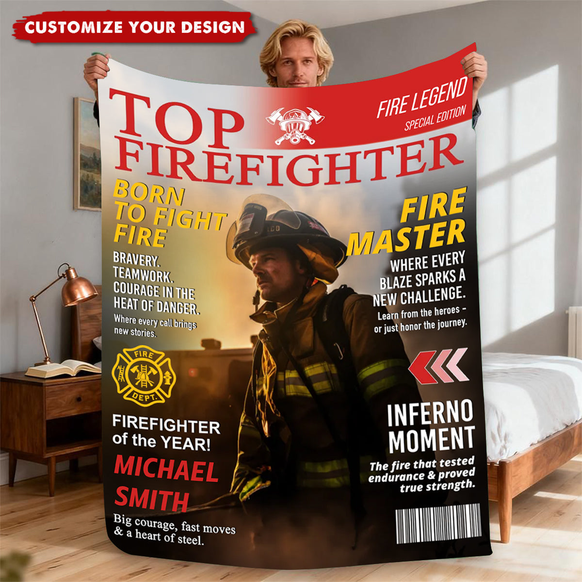 Personalized Firefighter Magazine Blanket, Custom Firefighter Gift