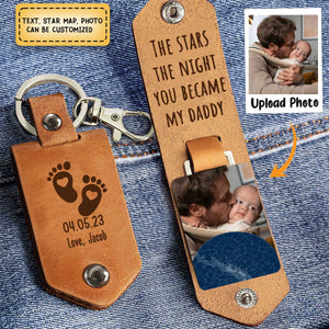 The Stars The Night You Became My Daddy - Personalized Leather Photo Keychain