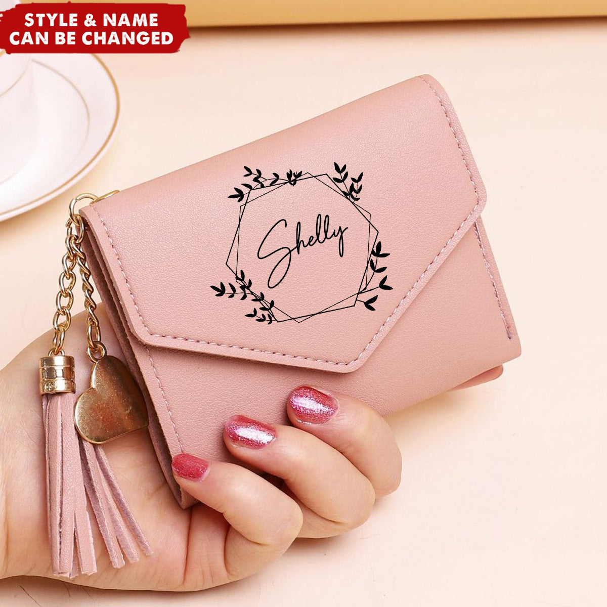 Heart Pendant Tassel Personalized Name Tri-fold Wallet