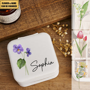 Custom Name Birth Flower Travel Jewelry Case, Personalized Jewelry Box