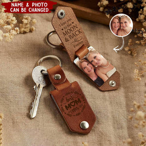 Custom Photo We Love You To The Moon And Back - Personalized Leather Photo Keychain