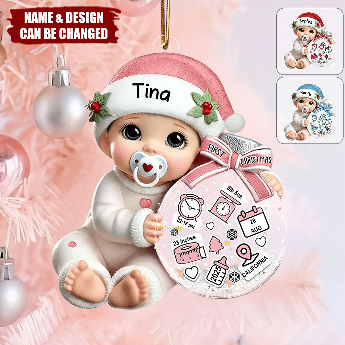 Baby Beside Christmas Bauble 3D Effect Baby's First Christmas Personalized Acrylic Flat Ornament