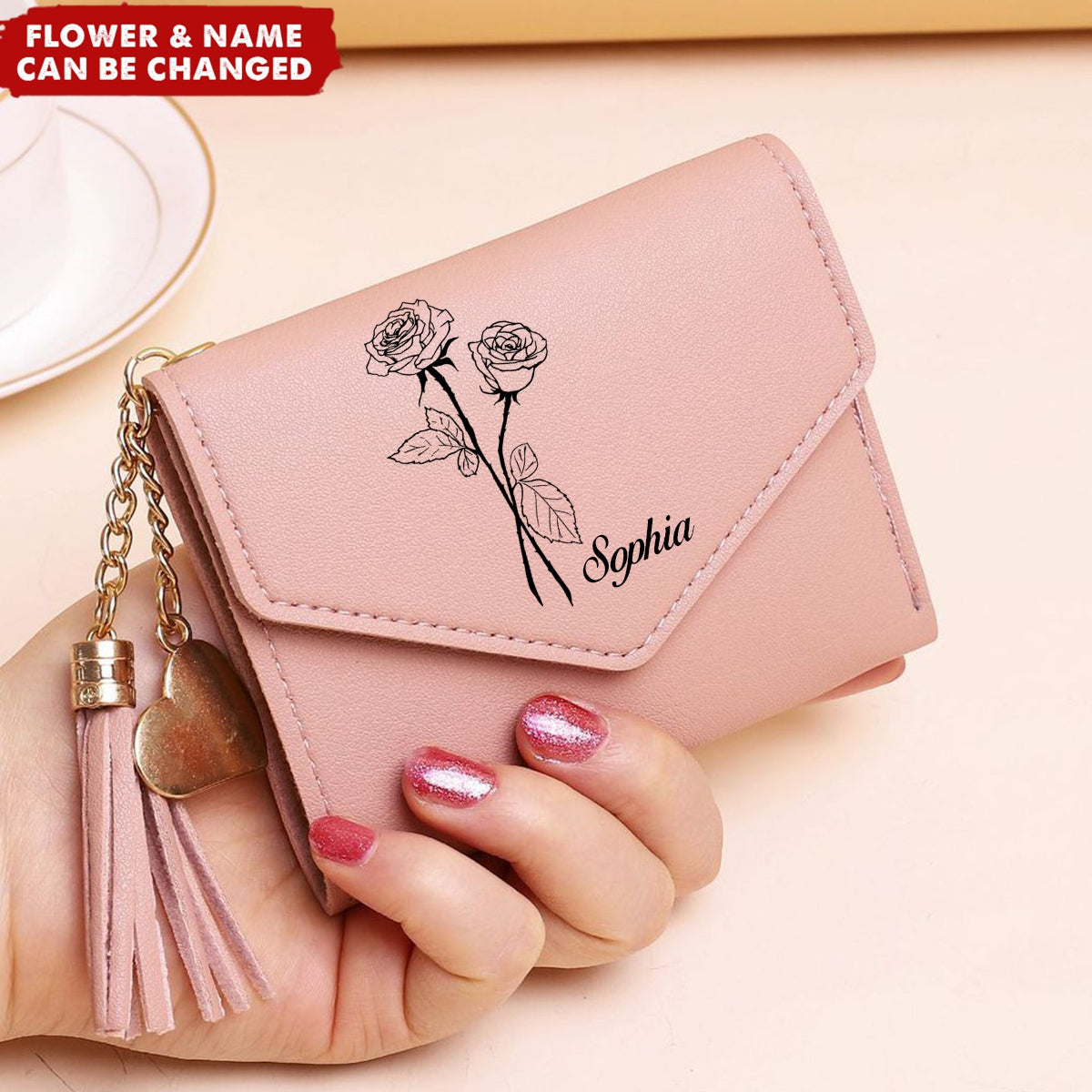 Heart Pendant Tassel Personalized Birthday Flower Tri-fold Wallet