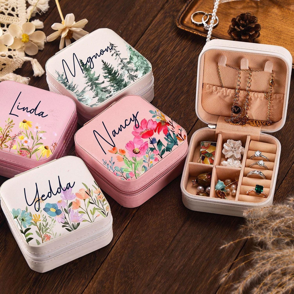 Personalized Floral Leather Travel Jewelry Box - Birthday Bridesmaid Gifts For Woman