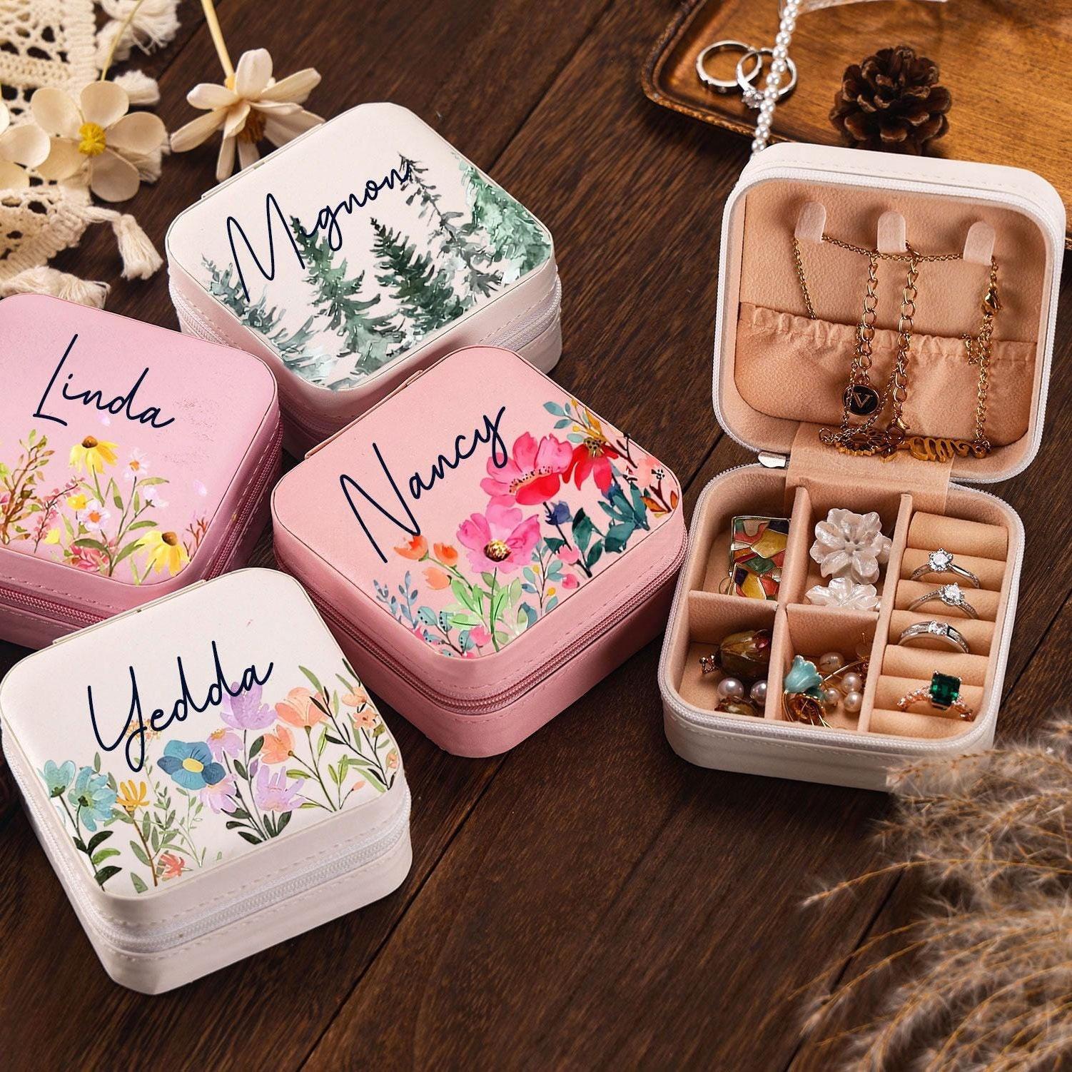 Personalized Floral Leather Travel Jewelry Box - Birthday Bridesmaid Gifts For Woman