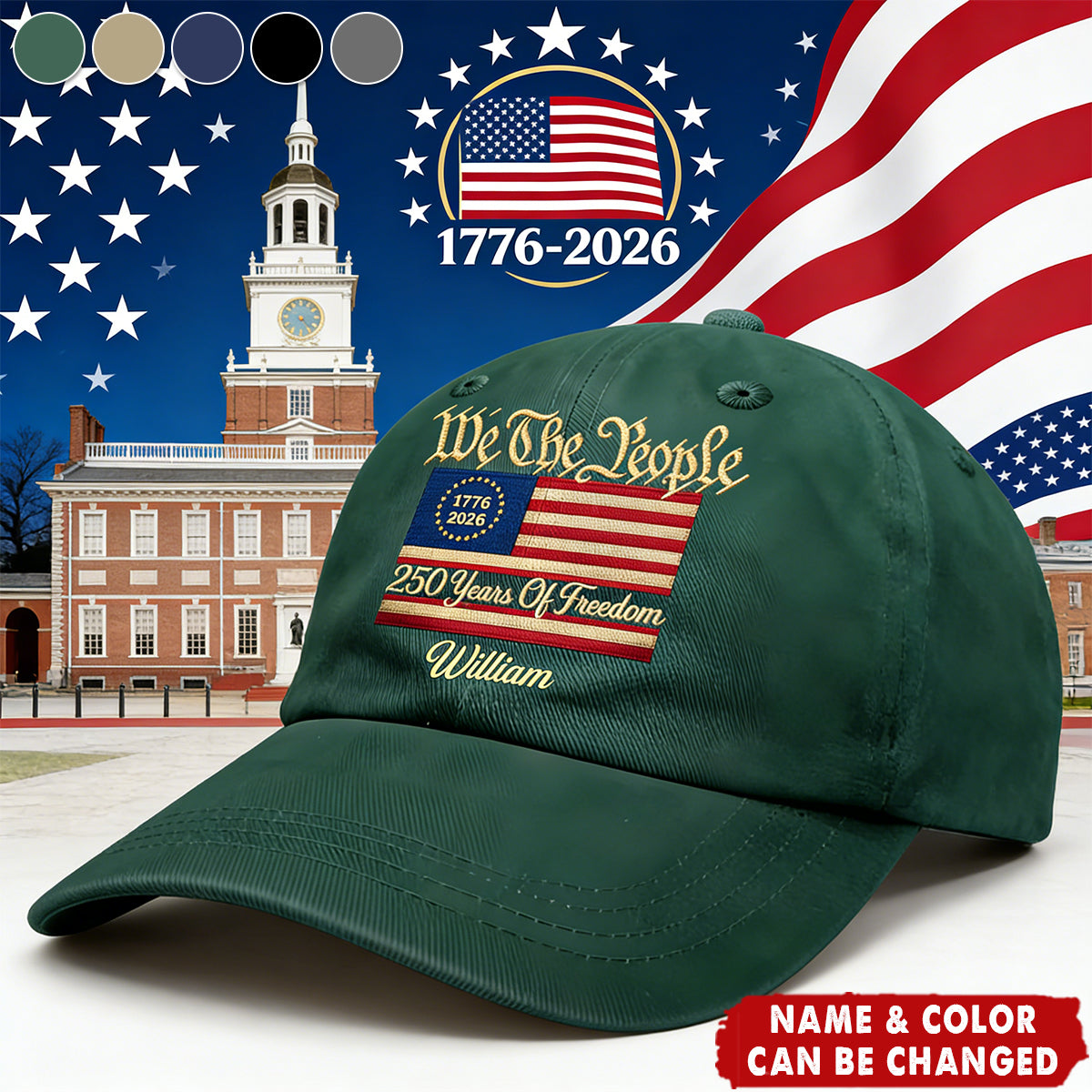 Stars And Stripes Faux Embroidery Effect We The People - Personalized Vintage Washed Denim Cap