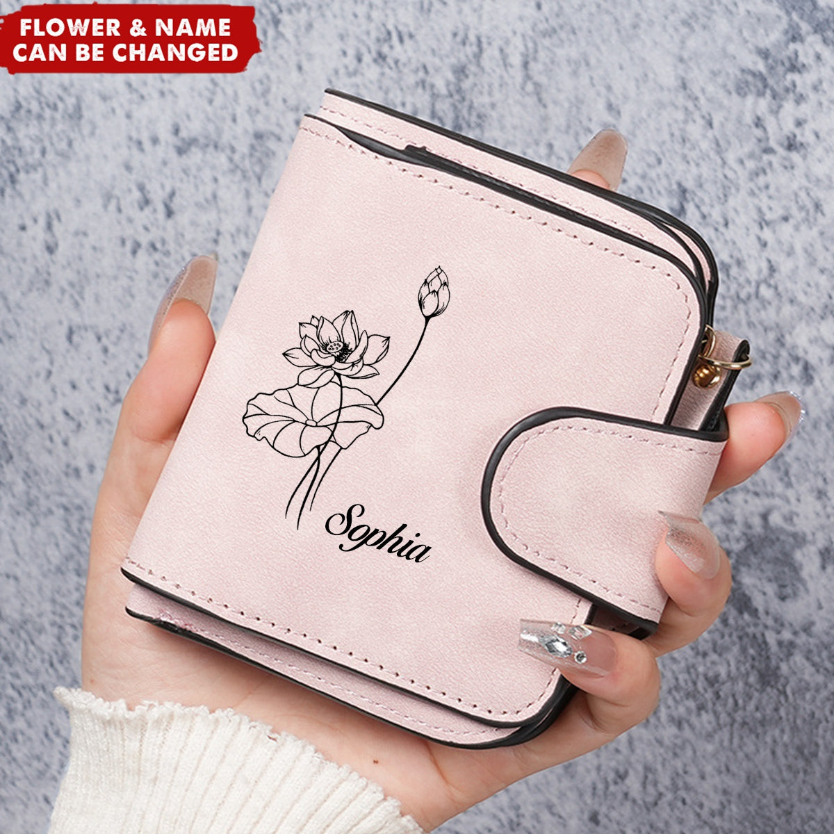 Personalized Birthday Flower Trifold Credit Card Holder Zipper Pocket Wallet