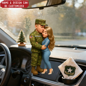 Army Hugging Couple - Personalized Acrylic Car Ornament, Gift For Couple, For Him, For Her