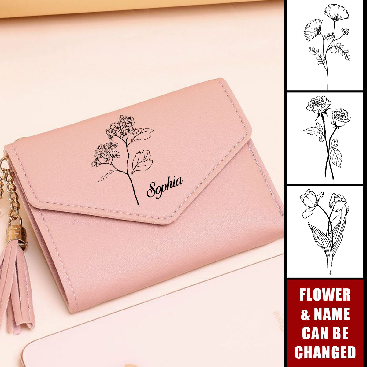 Heart Pendant Tassel Personalized Birthday Flower Tri-fold Wallet